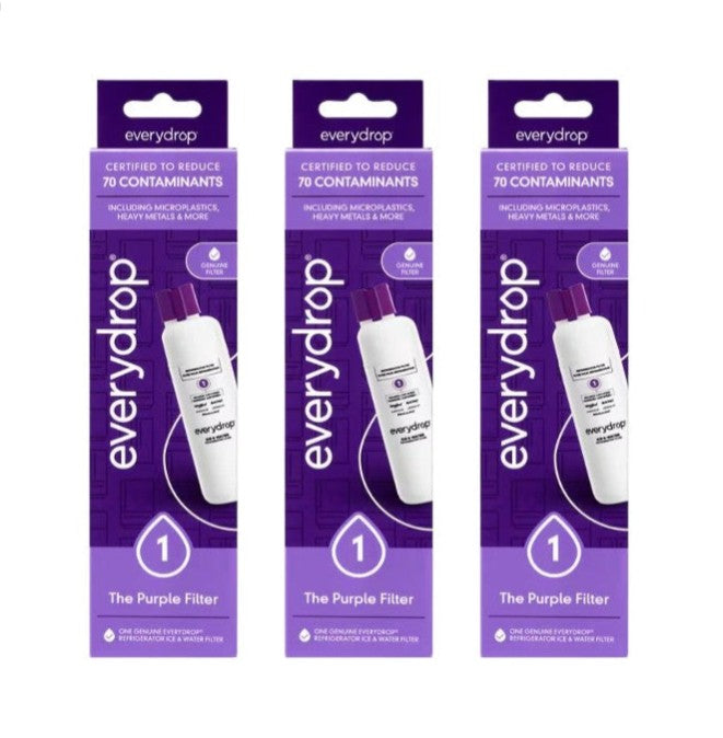 Three identical retail packages of everydrop The Purple Filter deodorant shown side by side on a plain white background.