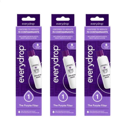Three identical retail packages of everydrop The Purple Filter deodorant shown side by side on a plain white background.