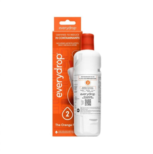 Everydrop water filter replacement bottle and packaging box, featuring a white bottle with an orange cap next to its orange and white retail box.