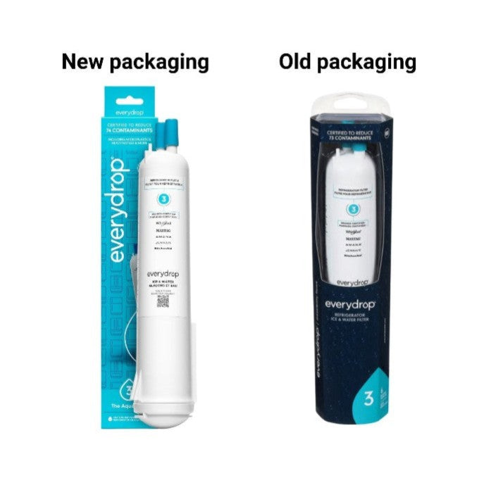 A side-by-side comparison of an Everydrop water filter cartridge with its new packaging on the left and its old packaging on the right, set against a plain white background.