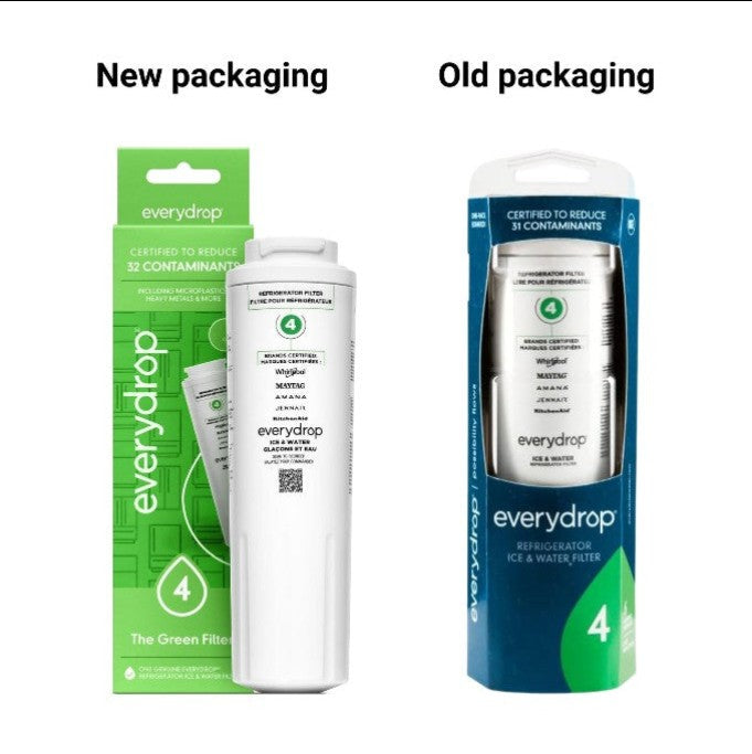 A side-by-side comparison of Everydrop refrigerator water filter packaging, labeled 'New packaging' on the left in green and 'Old packaging' on the right in blue, with the white filter cartridge shown in front of each package.