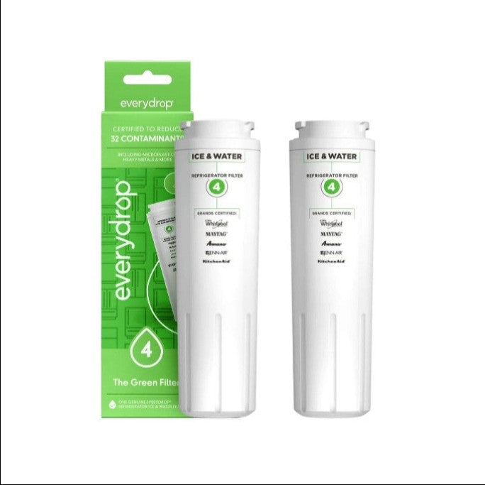 Two white Everydrop Ice & Water refrigerator filter cartridges shown next to their green retail packaging box on a plain white background.