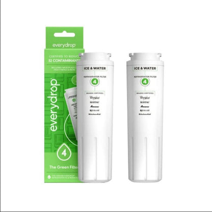 Two white Everydrop Ice & Water refrigerator filter cartridges shown next to their green retail packaging box on a plain white background.