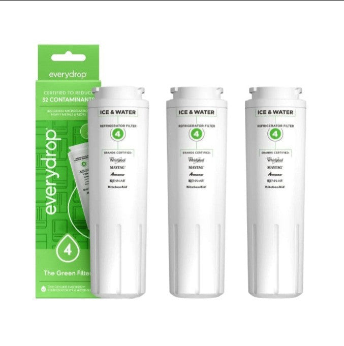 Three white Everydrop replacement water filters with a green and white retail box, shown on a plain white background.