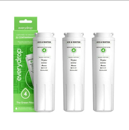 Three white Everydrop replacement water filters with a green and white retail box, shown on a plain white background.