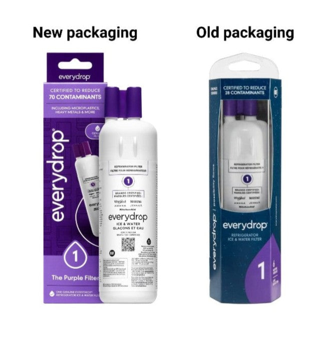 Everydrop replacement filter packaging comparison showing the new purple packaging on the left and the old blue-and-purple packaging on the right, with the filter bottle displayed in front of each package.