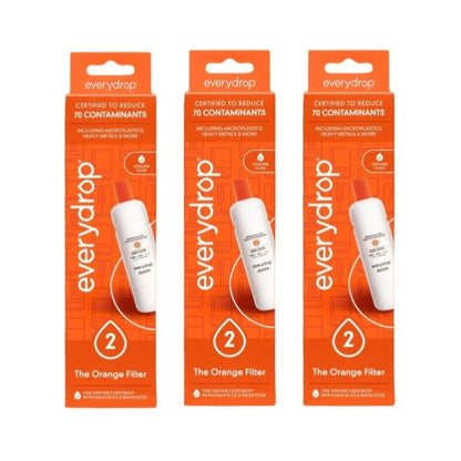 Three identical Everydrop filter replacement boxes shown side by side on a plain white background. Each orange retail package features a photo of a white bottle with an orange cap and text reading 'everydrop' and 'The Orange Filter'.