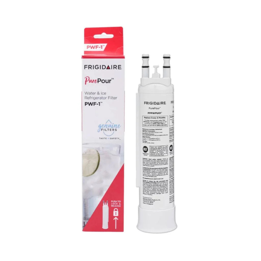 Frigidaire PurePour water and ice refrigerator filter with packaging on a white background