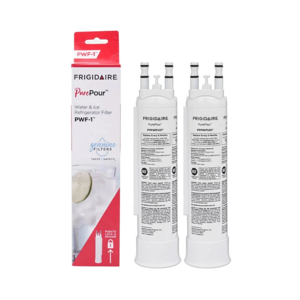 Two Frigidaire water filter cartridges and their packaging on a white background