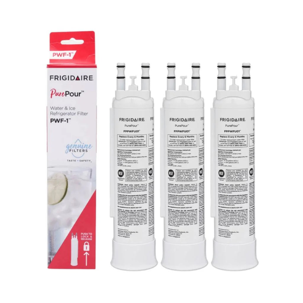 Frigidaire water filter cartridges with packaging on a white background