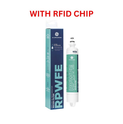 GE RPWFE water filter with packaging on a white background, featuring 'WITH RFID CHIP' text.