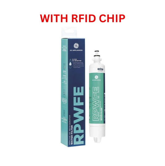 GE RPWFE water filter with packaging on a white background, featuring 'WITH RFID CHIP' text.
