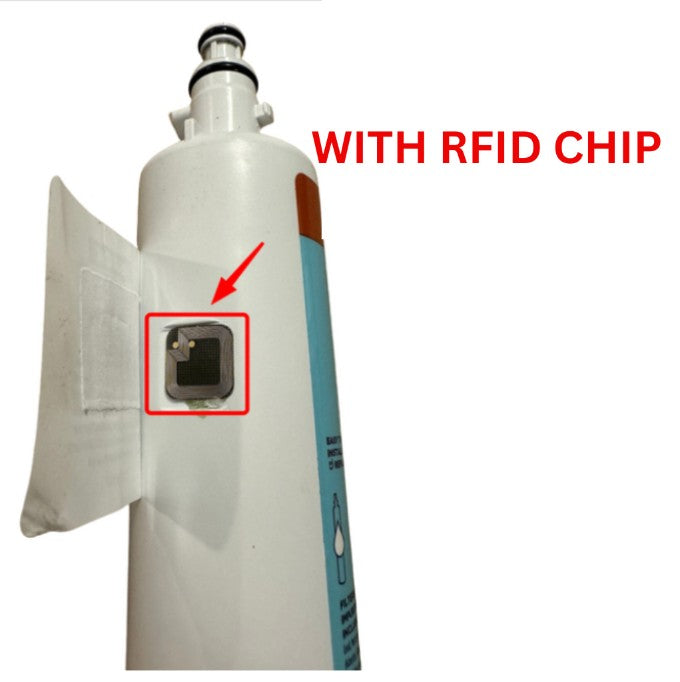 A white cylindrical filter cartridge with a blue side label and a flap on the left, shown with a red arrow and red text reading 'WITH RFID CHIP' highlighting a small chip on the body.