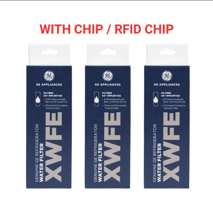 Three GE Appliances XWFE genuine refrigerator water filter boxes shown side by side on a white background, with red text above reading 'WITH CHIP / RFID CHIP'.