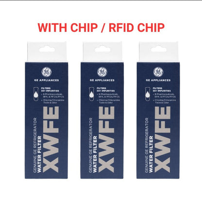Three GE Appliances XWFE genuine refrigerator water filter boxes shown side by side on a white background, with red text above reading 'WITH CHIP / RFID CHIP'.