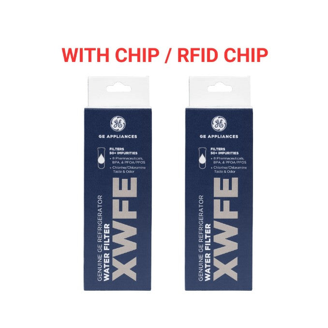 Two GE Appliances XFWE genuine water filter boxes shown side by side on a white background, with red text above reading 'WITH CHIP / RFID CHIP'.