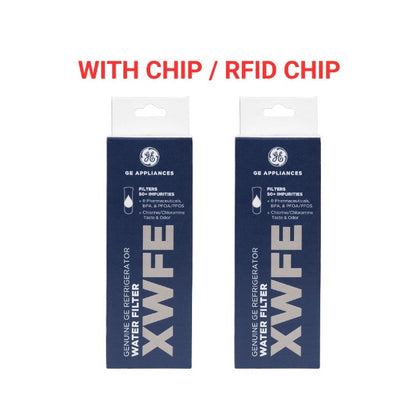 Two GE Appliances XFWE genuine water filter boxes shown side by side on a white background, with red text above reading 'WITH CHIP / RFID CHIP'.