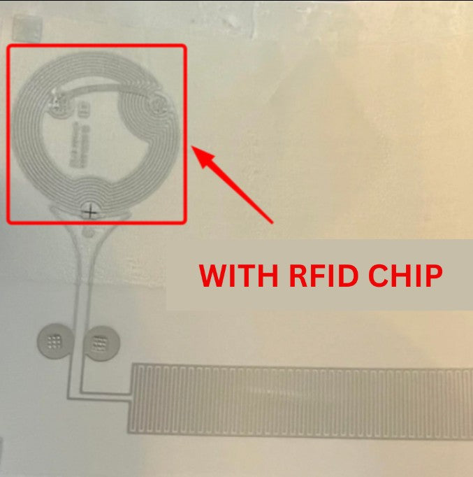 A close-up of a transparent or frosted surface showing a circular RFID chip with fine metallic loops, highlighted by a red box and arrow with the text 'WITH RFID CHIP' in red.