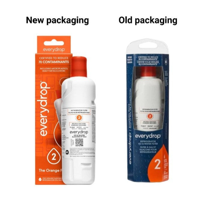 A side-by-side comparison of the Everydrop water filter cartridge with its new orange packaging on the left and its old blue-and-orange packaging on the right, labeled 'New packaging' and 'Old packaging' at the top.