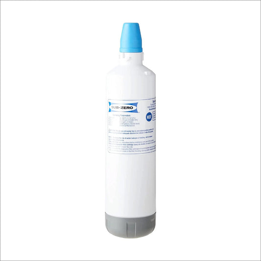 White water filter cartridge with blue cap on a white background
