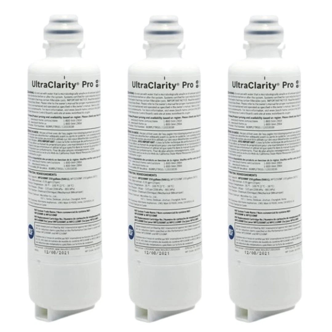 Three UltraClarity Pro water filter cartridges on a white background