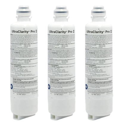 Three UltraClarity Pro water filter cartridges on a white background